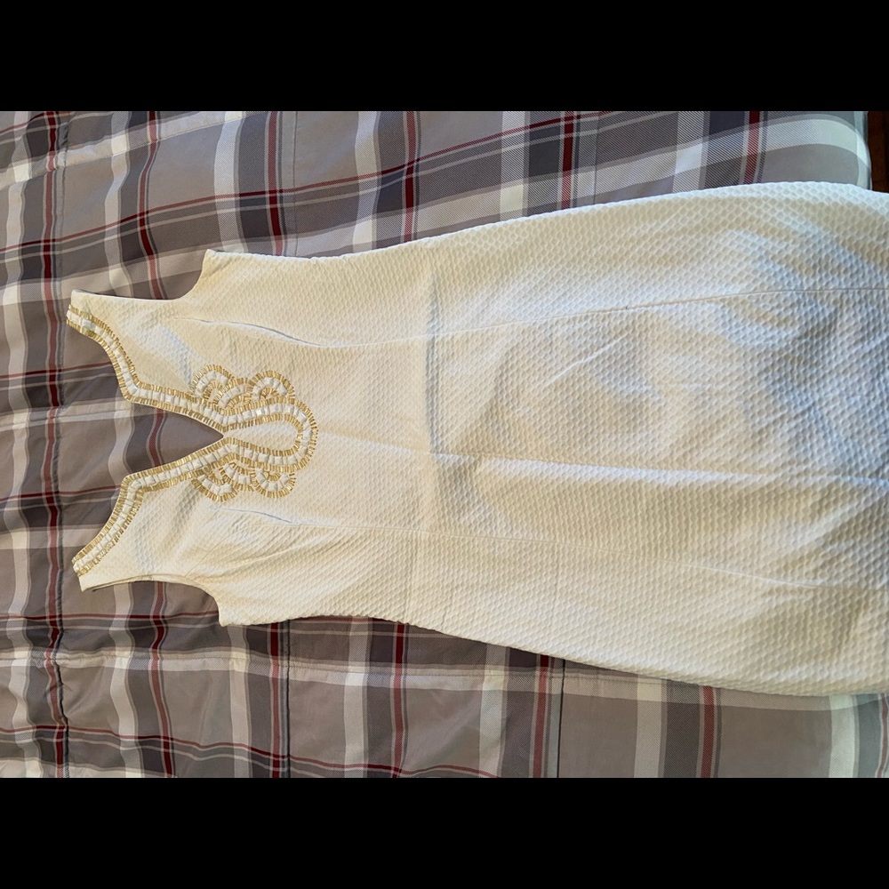 White Lilly Pulitzer dress with gold and white beading